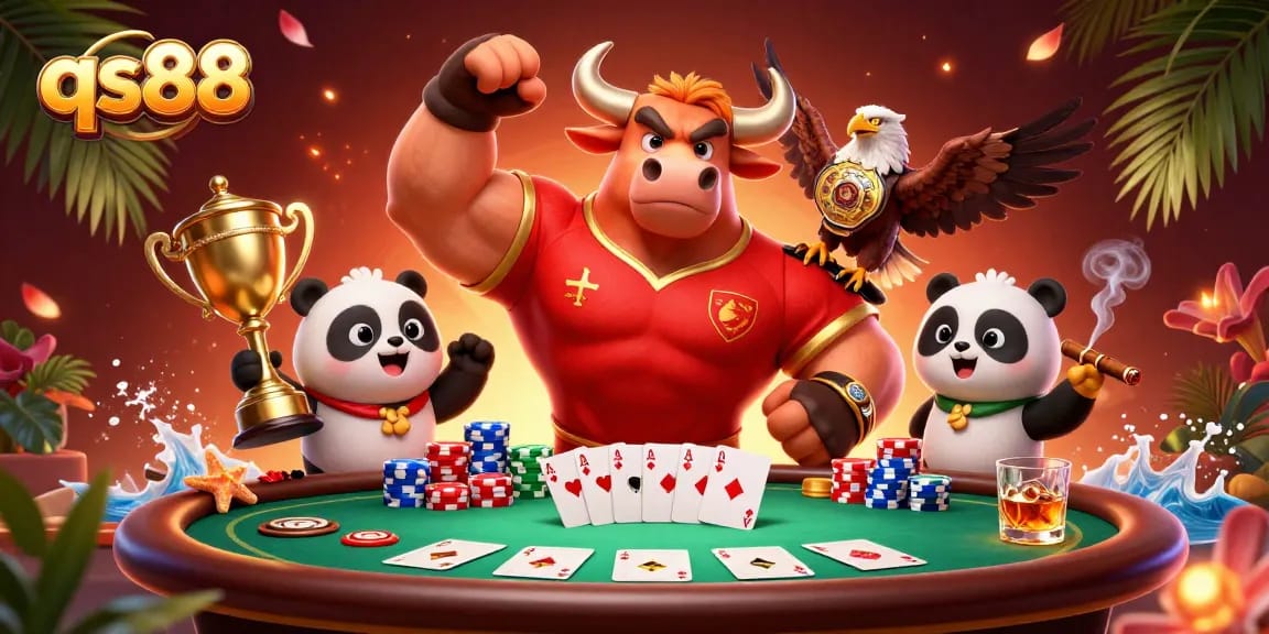 Experience thrilling poker action with qs88's energetic characters celebrating victories in a vibrant casino scene.
