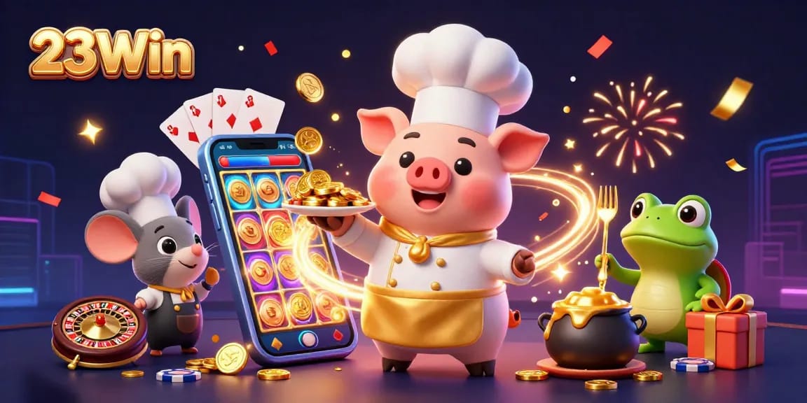 Engage in thrilling gaming experiences with 23Win's vibrant casino scene featuring memorable characters and dynamic elements