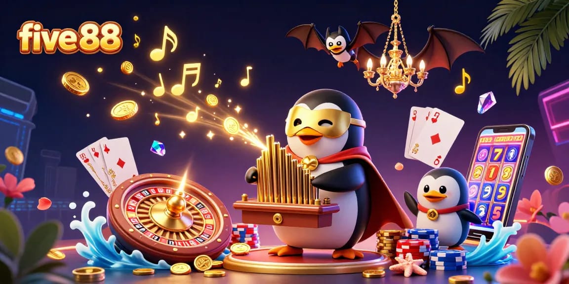 Engage with five 88 as a penguin plays a coin-shooting organ amidst dynamic casino elements.