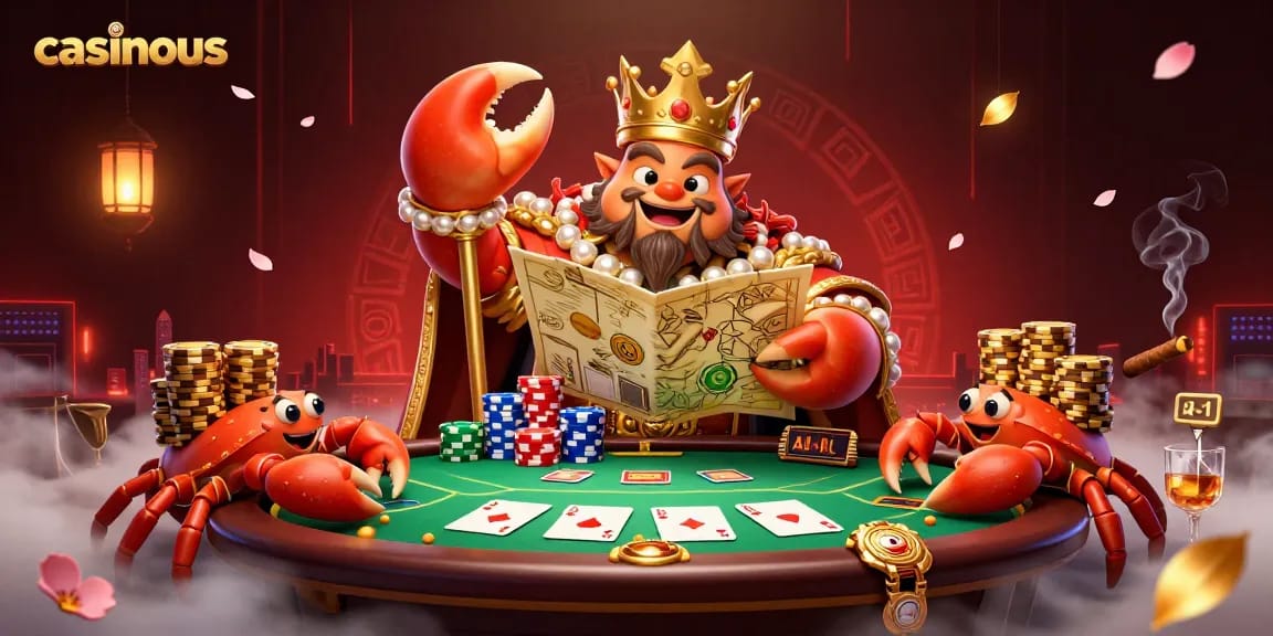Play exciting poker scenes with casinous in an ornate casino setting featuring a golden crab emperor.