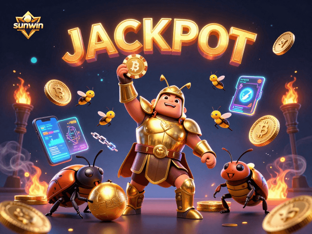 Engage in exciting gameplay with sunwin as glowing fireflies spell JACKPOT around vibrant 3D casino elements.