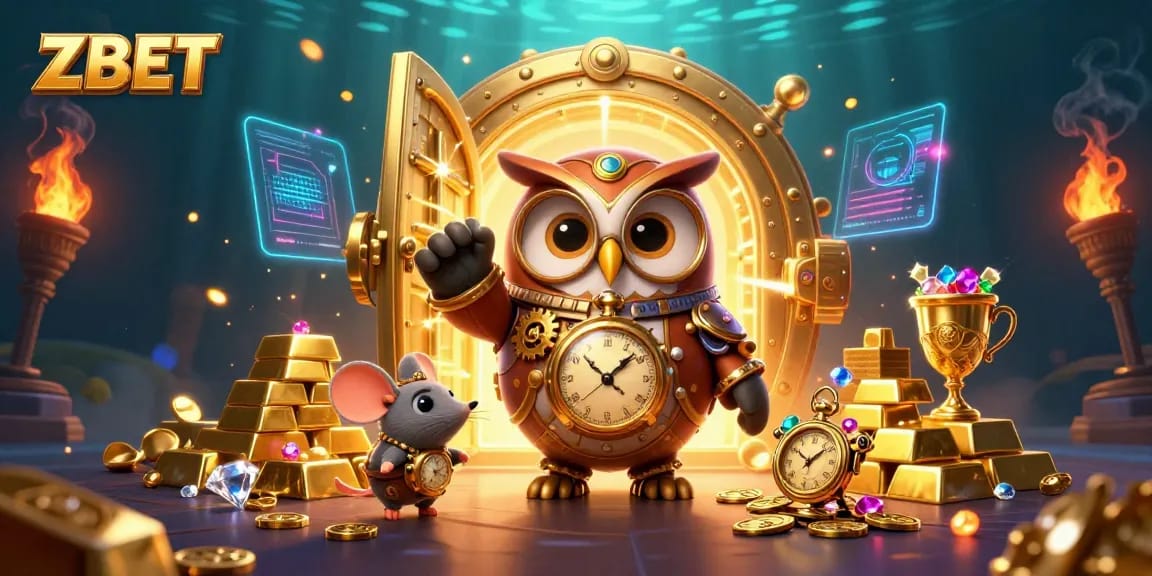 ZBET offers a vibrant casino scene with cartoon characters and dramatic treasure elements.