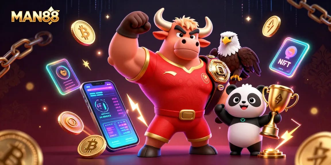 Win big with MAN88 in a vibrant 3D cartoon casino scene featuring a confident bull and an eagle.