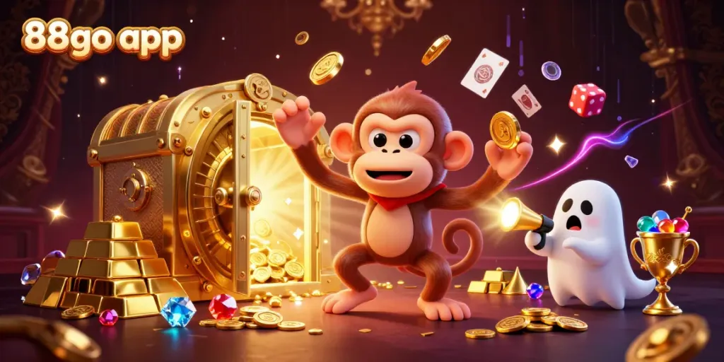 Win big with the 88go app in this vibrant haunted casino scene featuring a playful monkey.