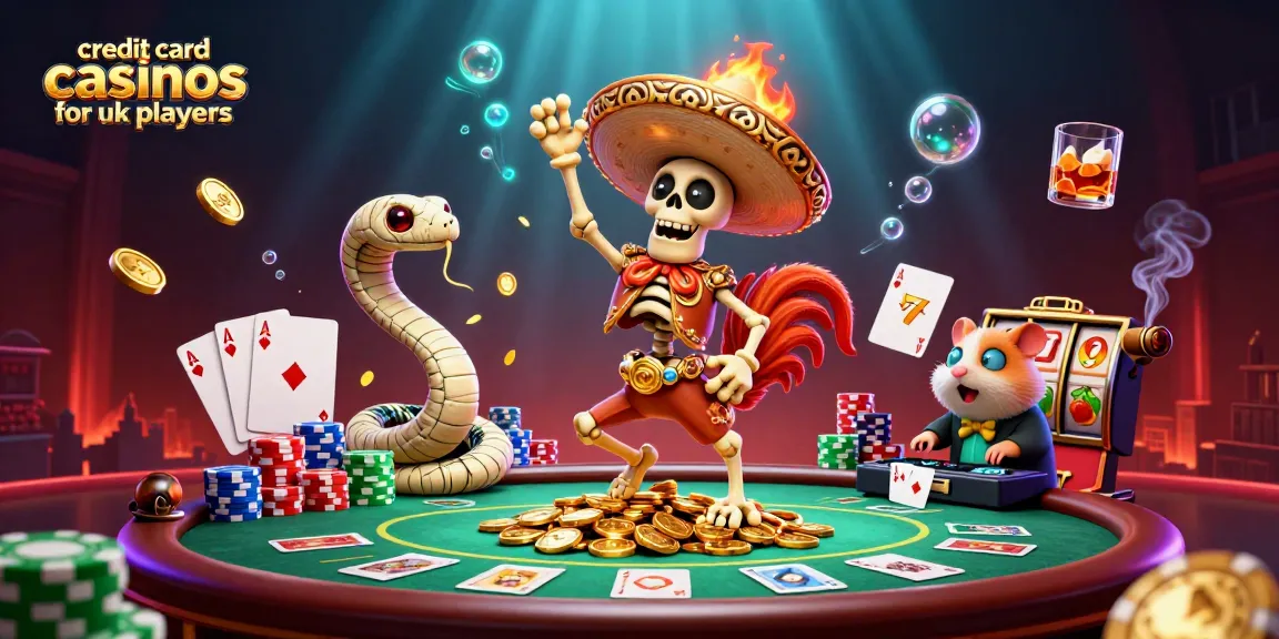 Engage with the vibrant scene of credit card casinos for UK players featuring festive characters, dynamic game elements, and an exciting casino atmosphere.