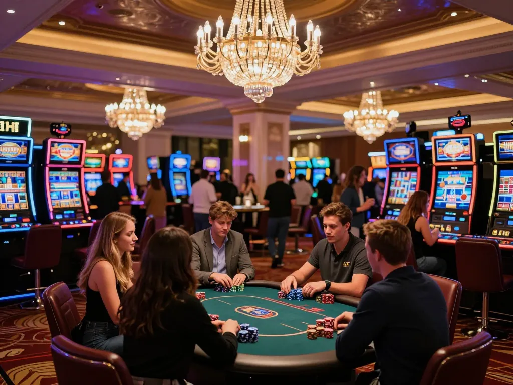 Players experiencing thrilling moments at 8 live casino in an upscale environment with vibrant slot machines.