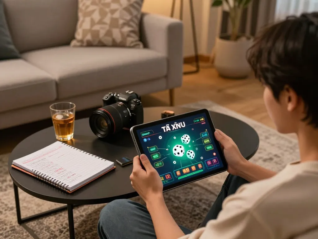 Tài xỉu online uy tín gaming session at home with tablet showcasing live gameplay.
