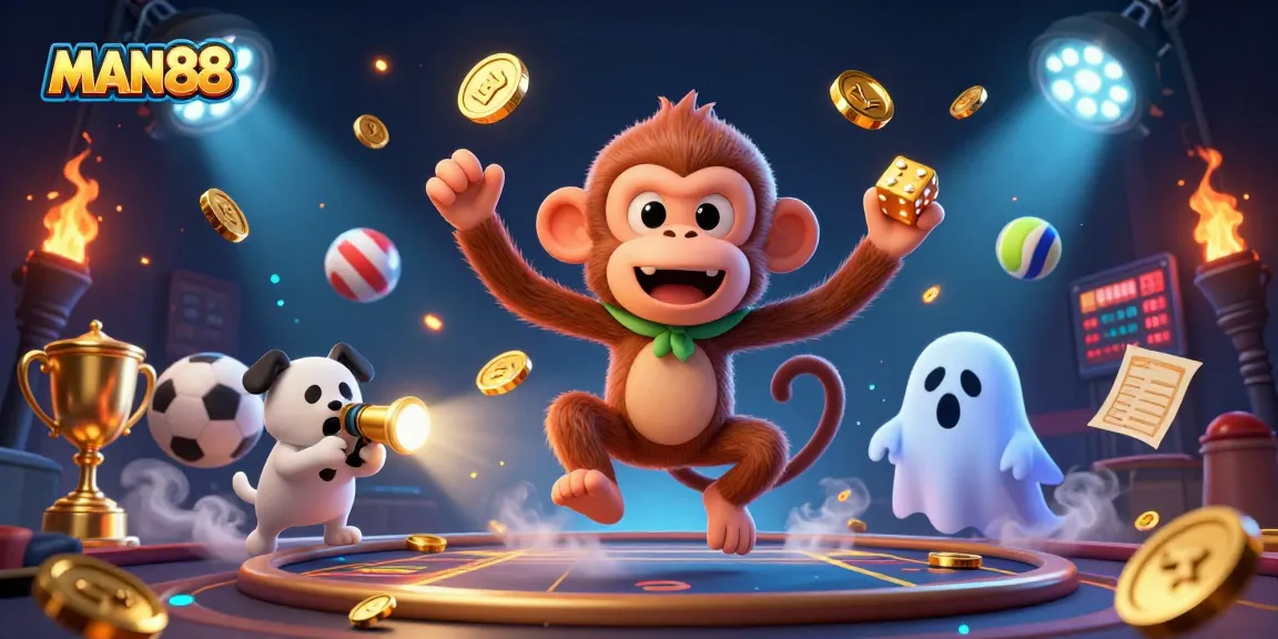 Engage in thrilling gameplay at MAN88 with golden chips and sports elements illuminating the haunted casino.