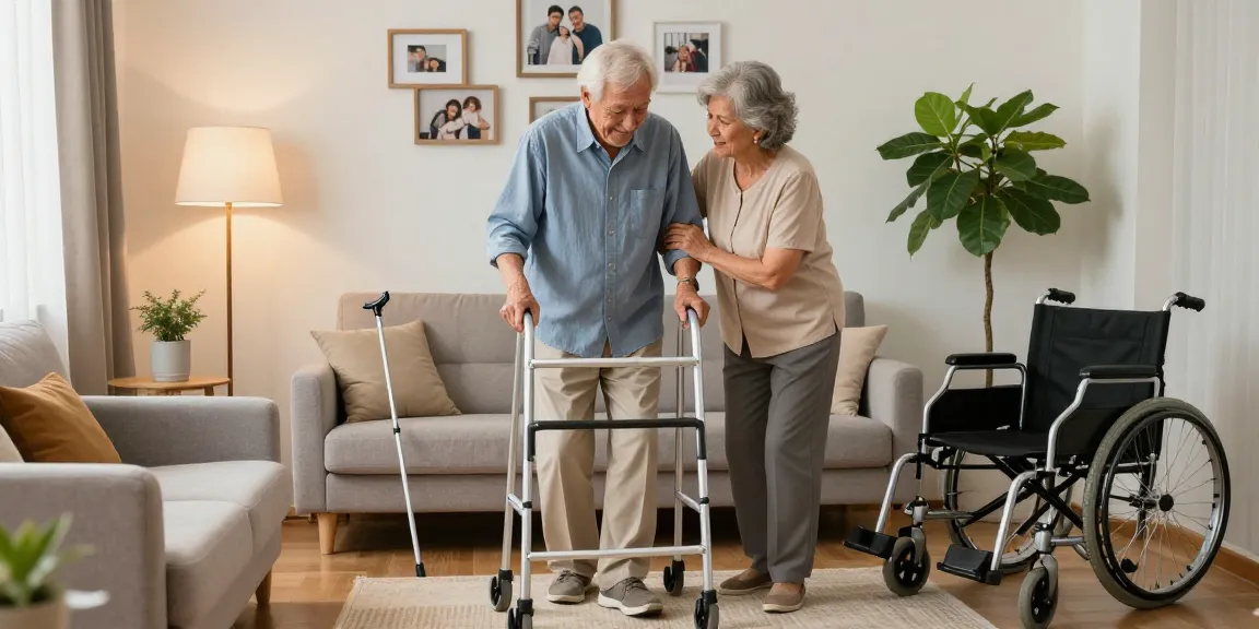 Buy nobility aids in a cozy home setting with supportive couple using mobility aids.