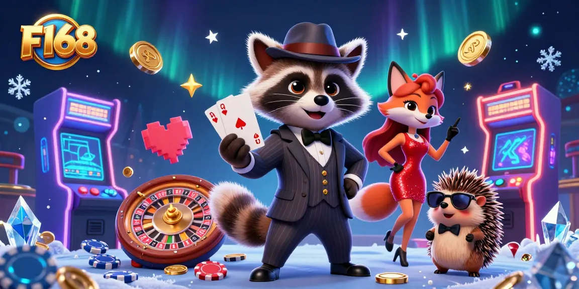 Engage in thrilling gameplay at F168 with a vibrant, colorful casino illustration featuring charming animated characters.