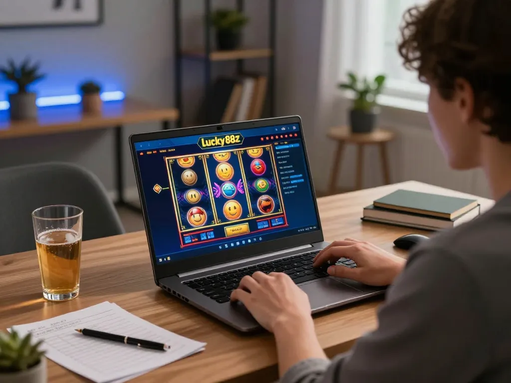 Engaging in responsible online gaming at lucky88z with a vibrant laptop display and cozy atmosphere