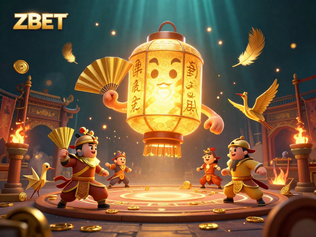 ZBET showcases an enchanting scene with a golden lantern spirit, charming warriors, and vibrant casino elements, immersing players in excitement.