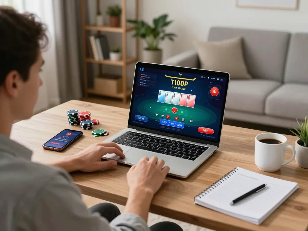 Engaging in a thrilling poker game on a laptop showcasing Net 88 online casino platform.