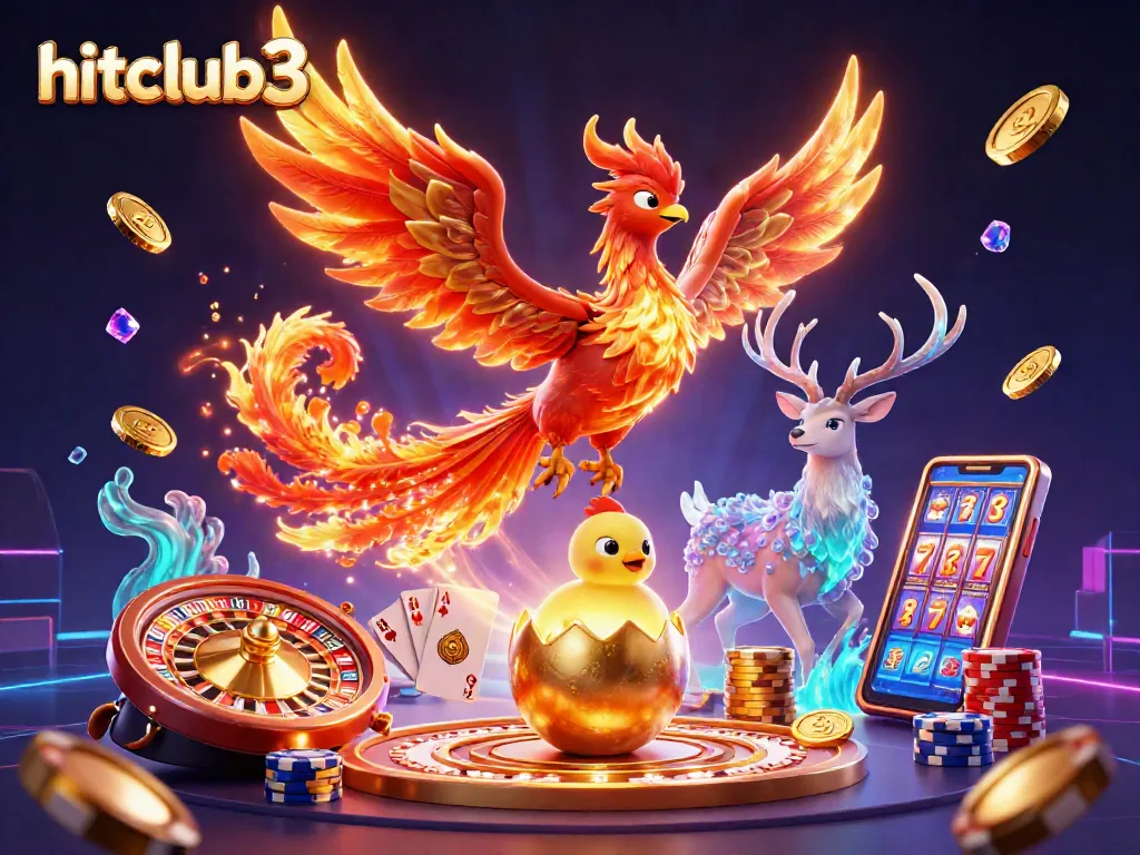 Experience the thrilling atmosphere of hitclub3 with dazzling golden coins and exciting gaming characters.