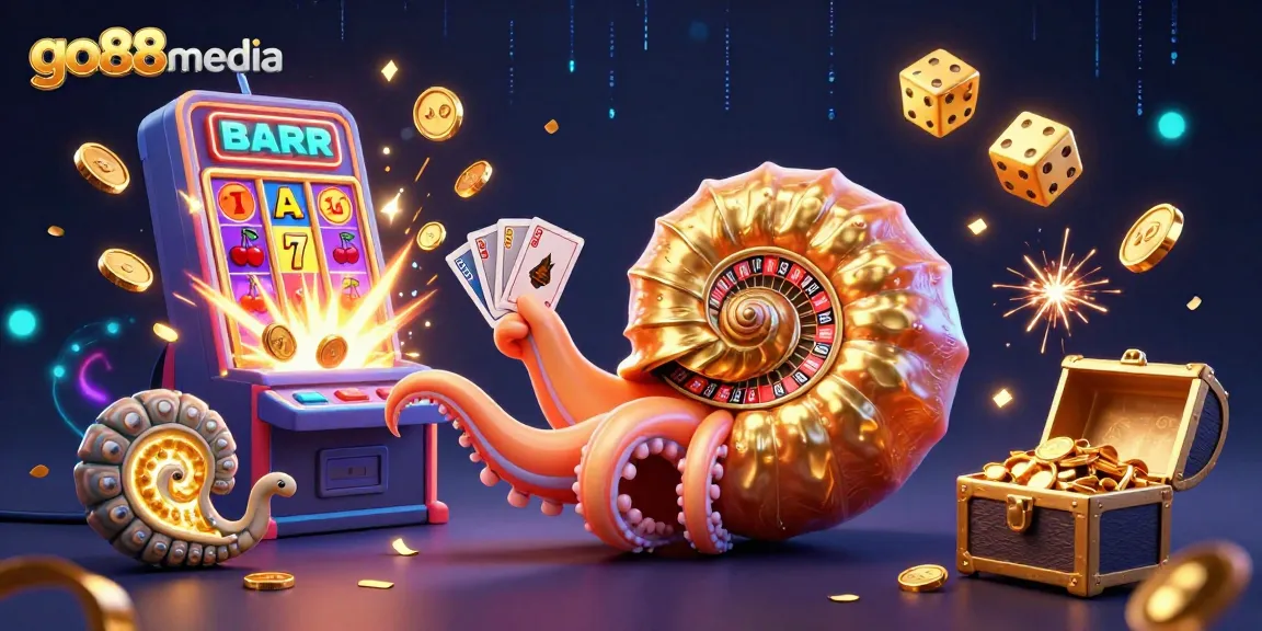 Experience winning at go88media with a vibrant 3D illustration depicting a giant nautilus roulette wheel surrounded by casino treasures.
