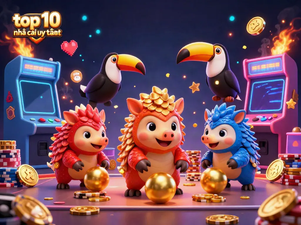 Exciting scene with top 10 nhà cái uy tín characters competing with casino elements and confetti