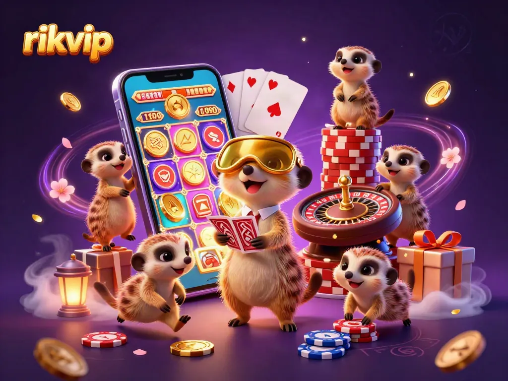 Experience the thrilling action of rikvip with meerkats running a lively casino, featuring a golden visor pit boss and vibrant game elements.