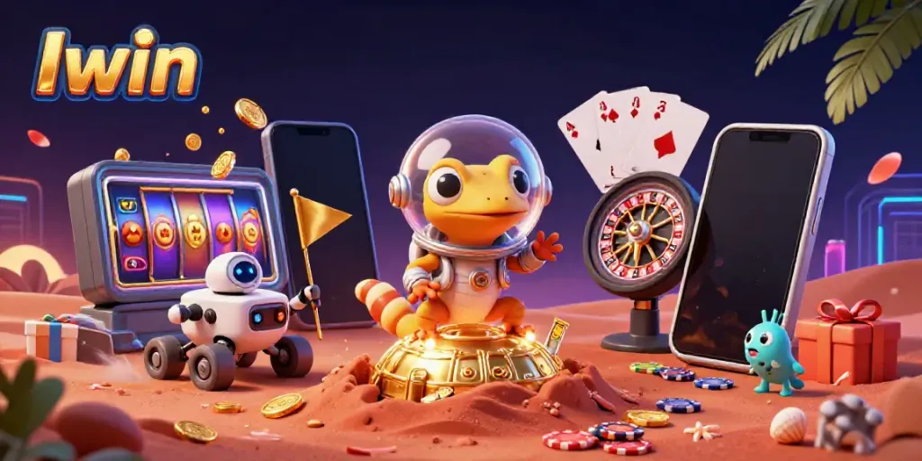 Iwin players celebrate with a Martian gecko at a buried casino surrounded by slot games and golden coins.