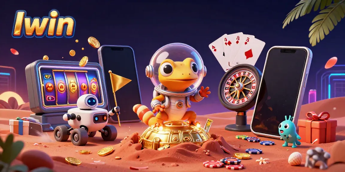 Iwin players celebrate with a Martian gecko at a buried casino surrounded by slot games and golden coins.
