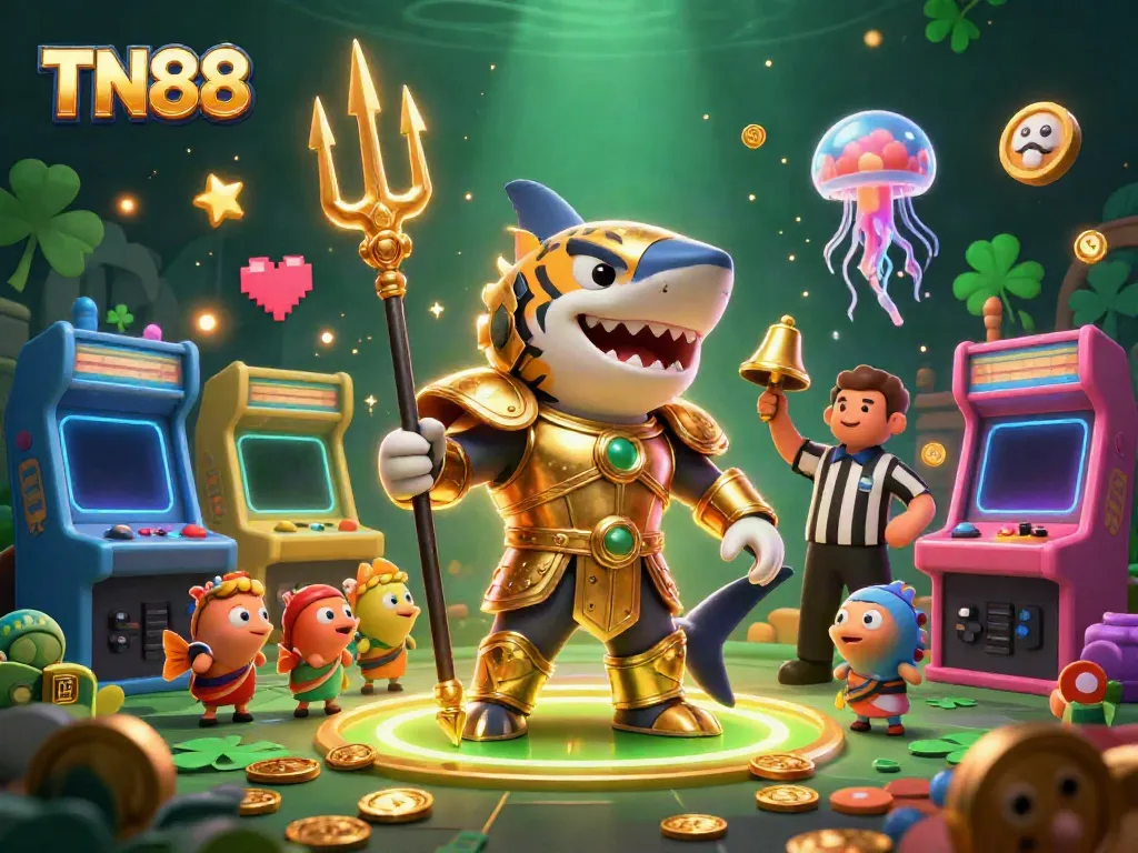 Catch the excitement of TN88 as a tiger shark in gladiator armor dominates an underwater casino arena.