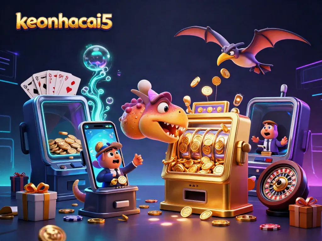 Engaging 3D scene showing keonhacai5 characters enjoying a jackpot payout at a casino with vibrant energy.