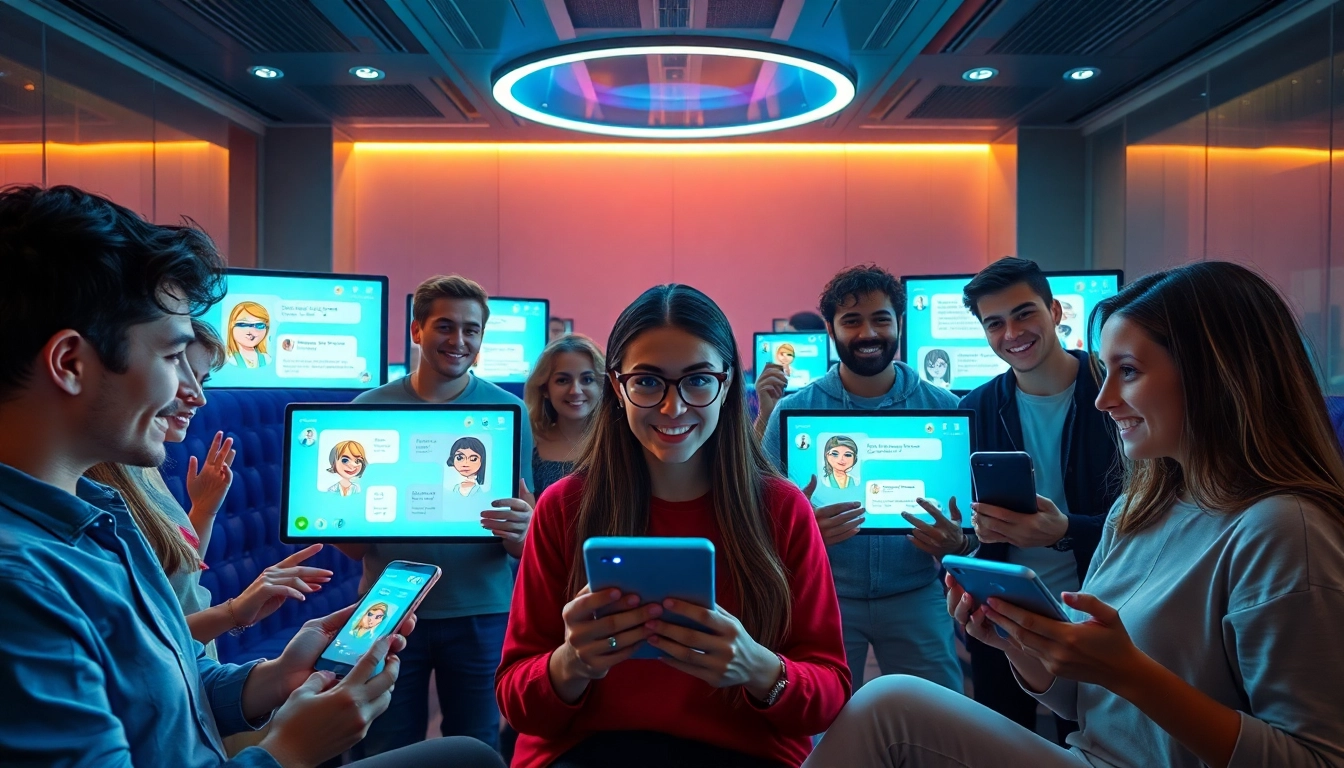 Dynamic scene showcasing young adults interacting with crushonai AI avatars in a modern tech lounge.