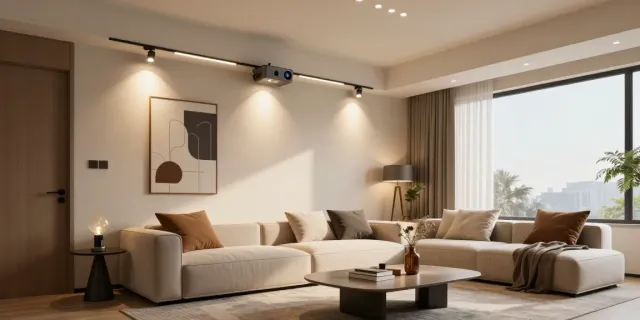 Iluminare modernă cu sina magnetică în living elegant, cu spoturi LED.