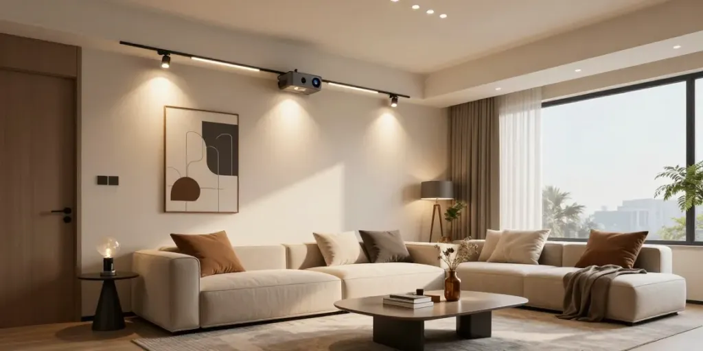 Iluminare modernă cu sina magnetică în living elegant, cu spoturi LED.