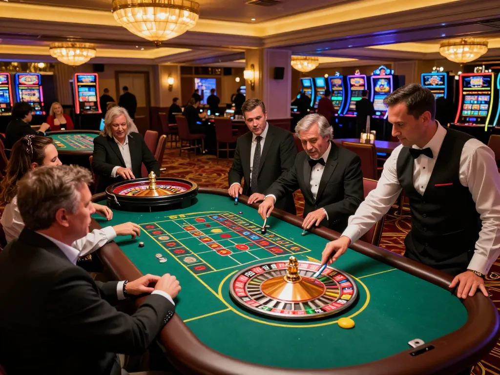 Engaged players at an exciting roulette table featuring the keyword DA88 in a vibrant casino atmosphere