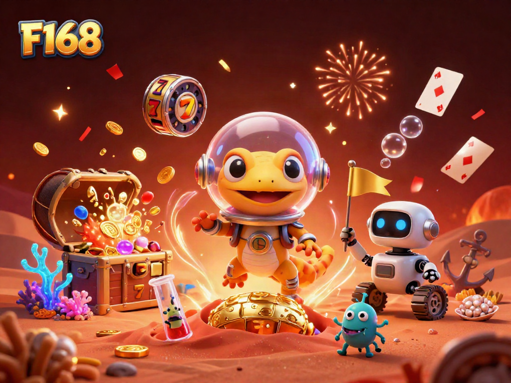 Engage in thrilling casino adventures with F168 featuring vibrant slot reels and an alien theme.