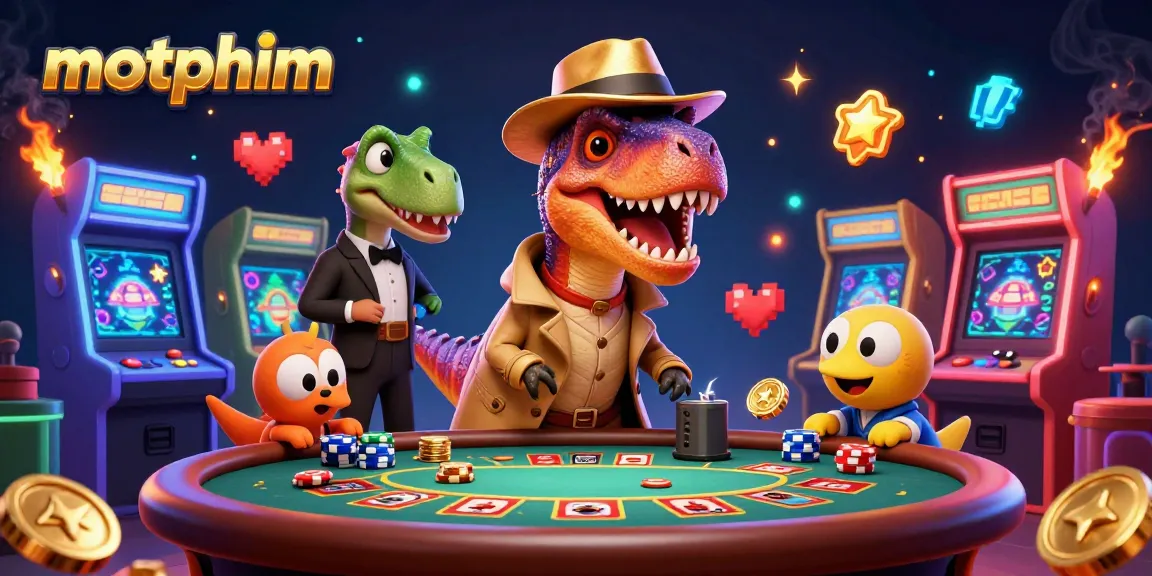 motphim showcases a velociraptor card counter and pit boss in a vibrant casino scene filled with gaming elements.