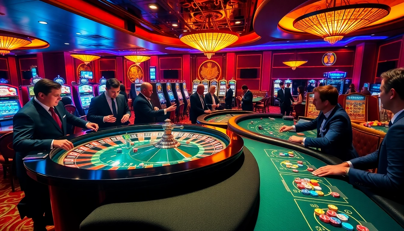 A dynamic casino scene showcasing high-stakes action on S666hn.com with roulette and poker tables illuminated.