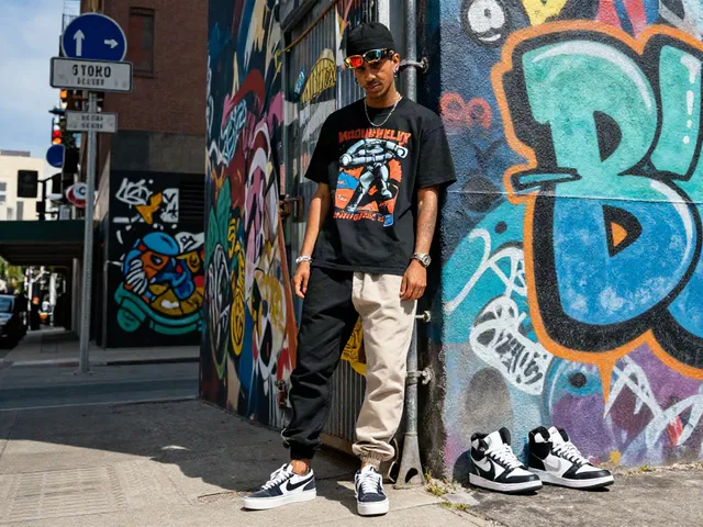Stylish individual wearing Machine Gun Kelly apparel in urban setting showcasing rokok 88 streetwear.