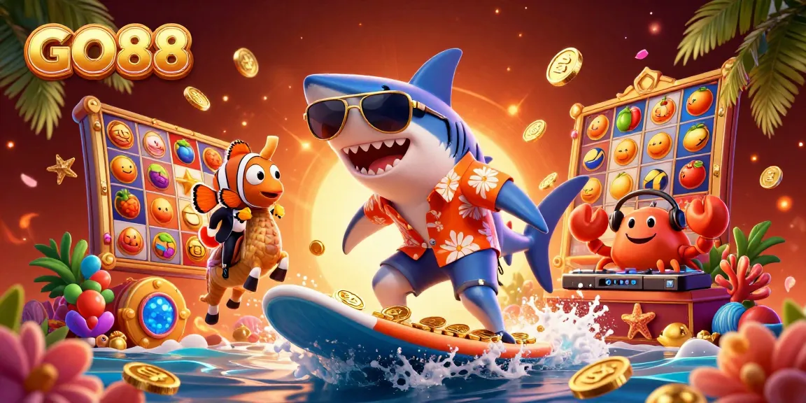 Experience the thrill of GO88 with a lively 3D illustration featuring vibrant characters and casino elements.