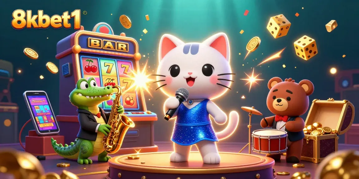 Engage with vibrant 8xbet1 casino action as lively characters perform amidst a jackpot explosion.