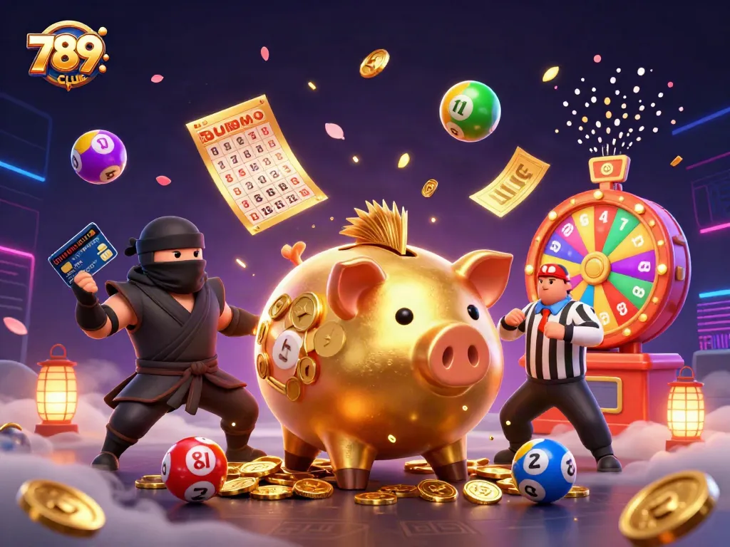 Experience the thrill of 789CLUB with a sumo wrestler piggy bank and vibrant lottery elements.