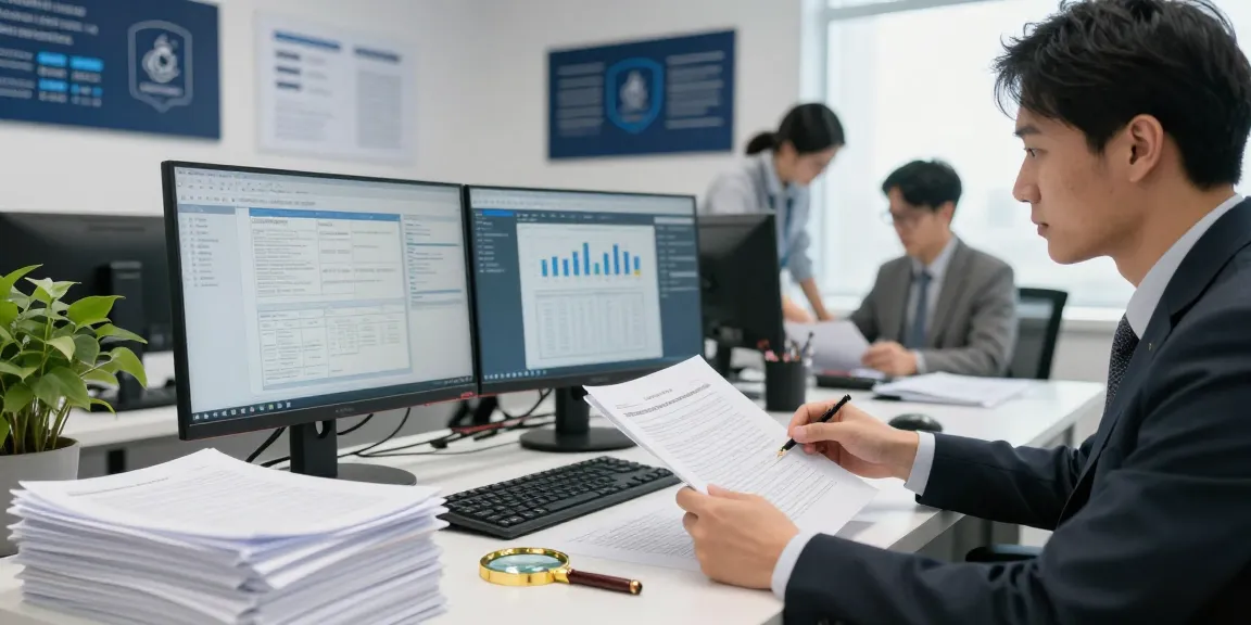 Document fraud detection analysis in a professional office with analysts reviewing secure documents.