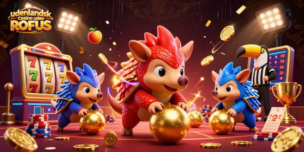 Engaging scene featuring udenlandsk casino uden ROFUS themed pangolins bowling through poker chips with vibrant casino elements.