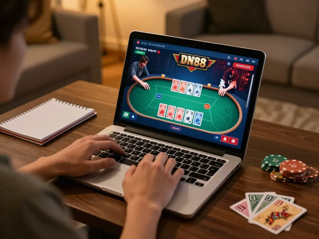 Engaging scene of DN88 đăng nhập with a player enjoying poker on a laptop in a cozy home setting, highlighting responsible gaming elements