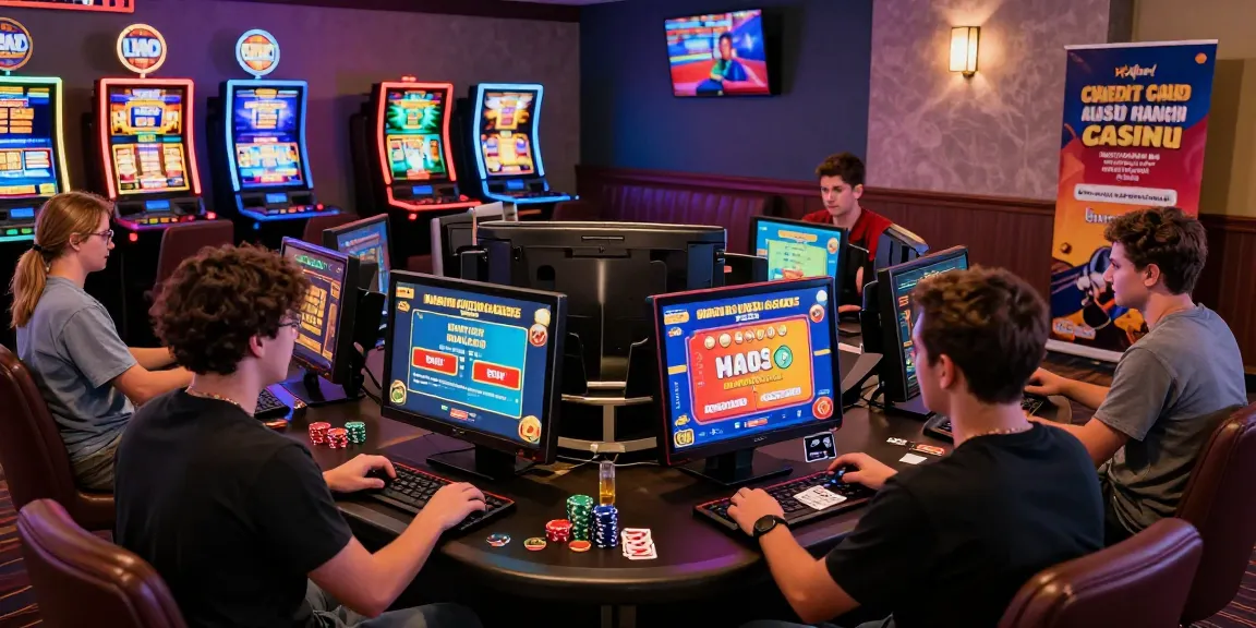 Exciting gaming scene at credit card casinos with diverse players and vibrant slot machines enhancing the online gambling experience.