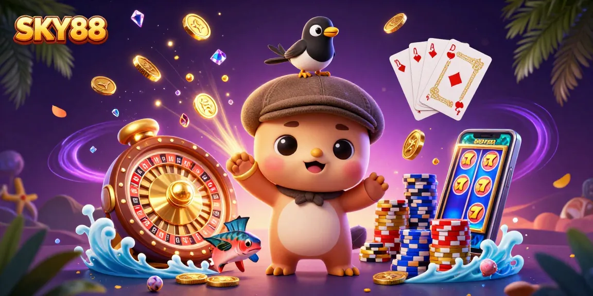 Experience thrilling wins at SKY88 with cute cartoon characters in a vibrant casino scene.