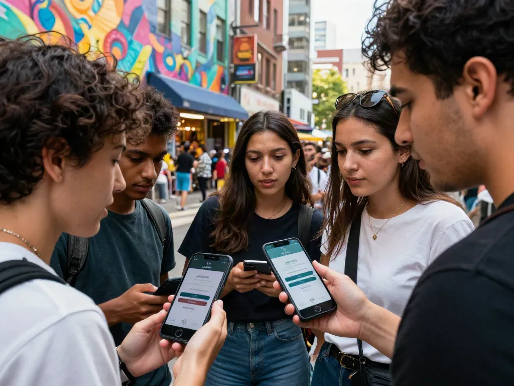 People engaging around a smartphone showcasing rokok88 login interface in a vibrant urban setting.