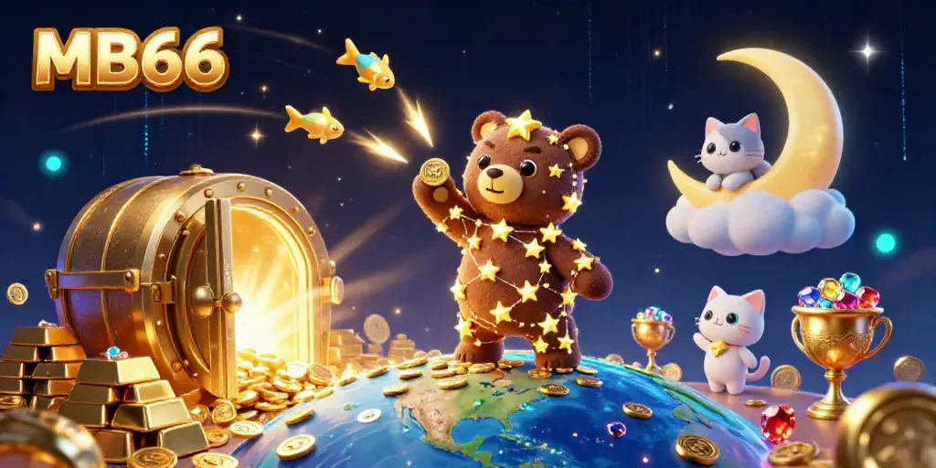Experience the magic of MB66 with a vibrant casino-themed 3D illustration showcasing treasure and luck.