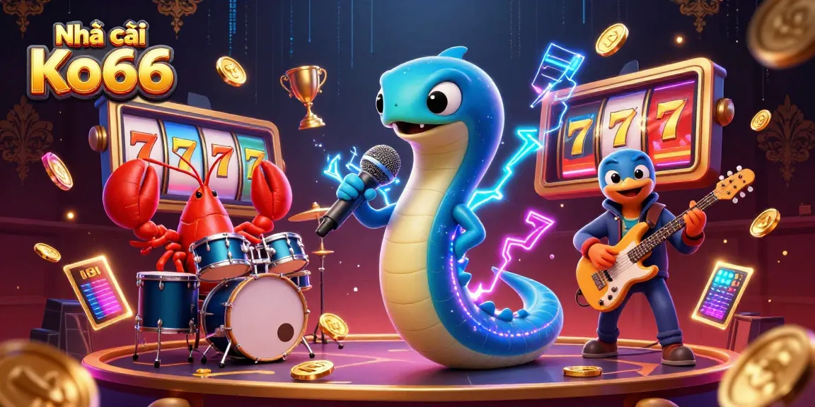 Experience excitement at Nhà cái Ko66 with a lively 3D casino scene depicting electric eel DJ, lobster drummer, and seahorse guitarist.