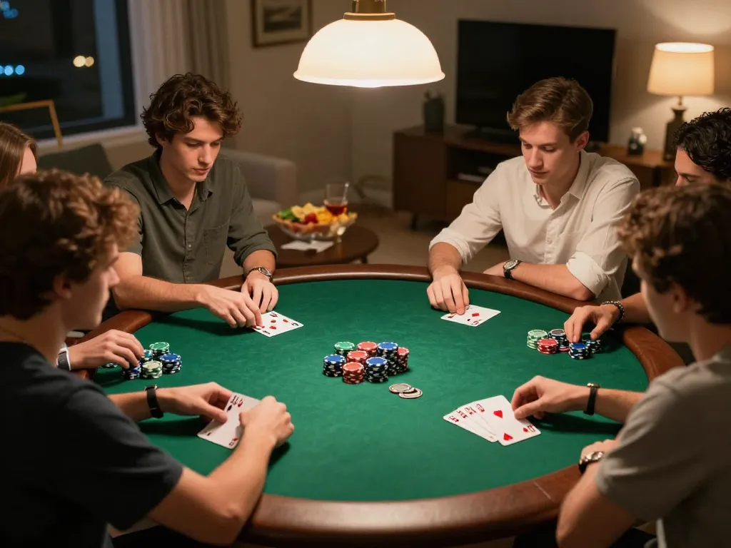 Friends enjoying poker night at home with Lode 88 themed ambiance, warm lighting and lively atmosphere.