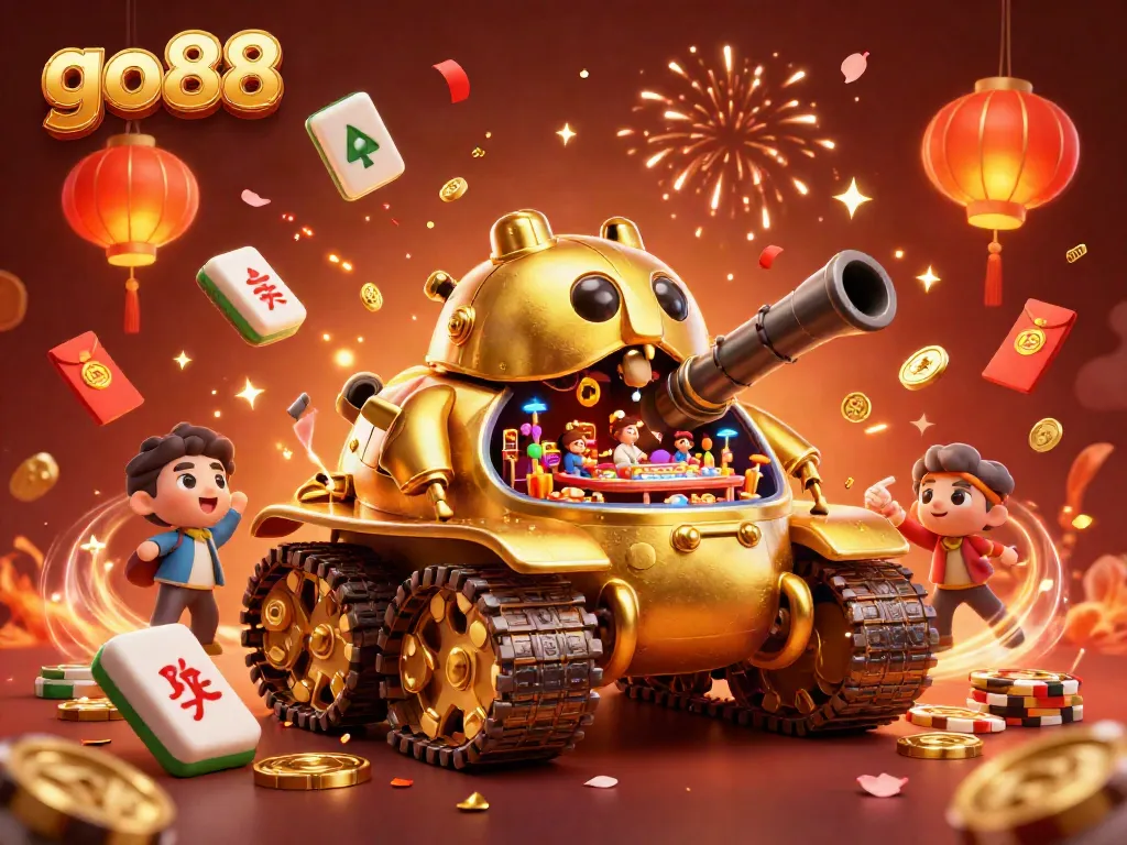 Experience thrilling fun at go88 with a vibrant casino scene featuring a golden beetle tank and festive elements.