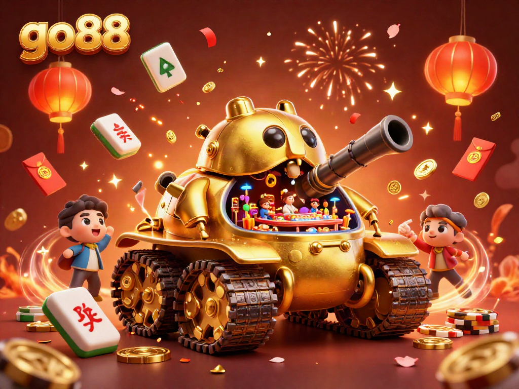 Experience thrilling fun at go88 with a vibrant casino scene featuring a golden beetle tank and festive elements.