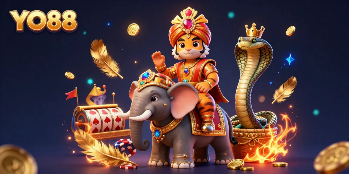 Engage with YO88's vibrant casino experience featuring an ornate maharaja and dynamic elements.