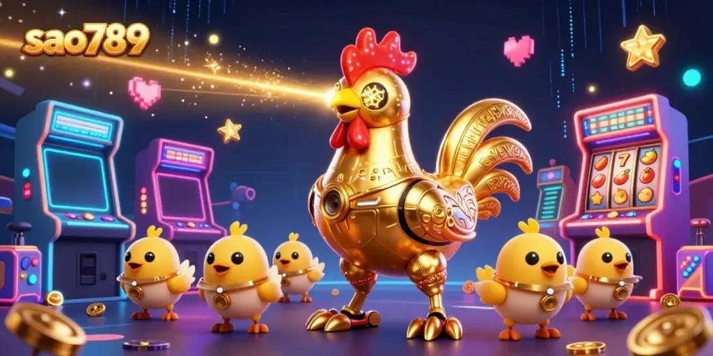Sao789 showcases a dynamic scene with a golden rooster robot and gaming elements, enhancing the casino experience