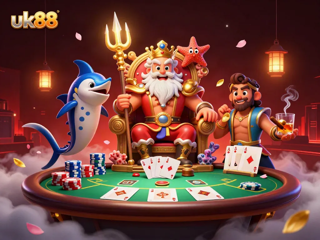 Experience high-stakes poker action with uk88 featuring Neptune and vibrant casino elements.